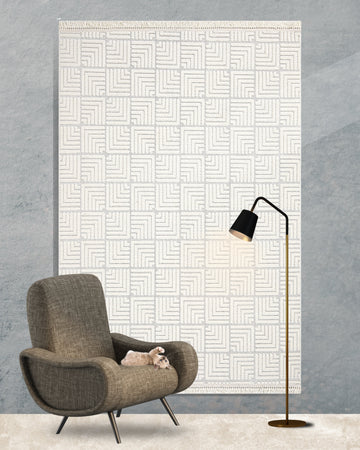 Trend Geometrik Desen Makine Halısı Krem