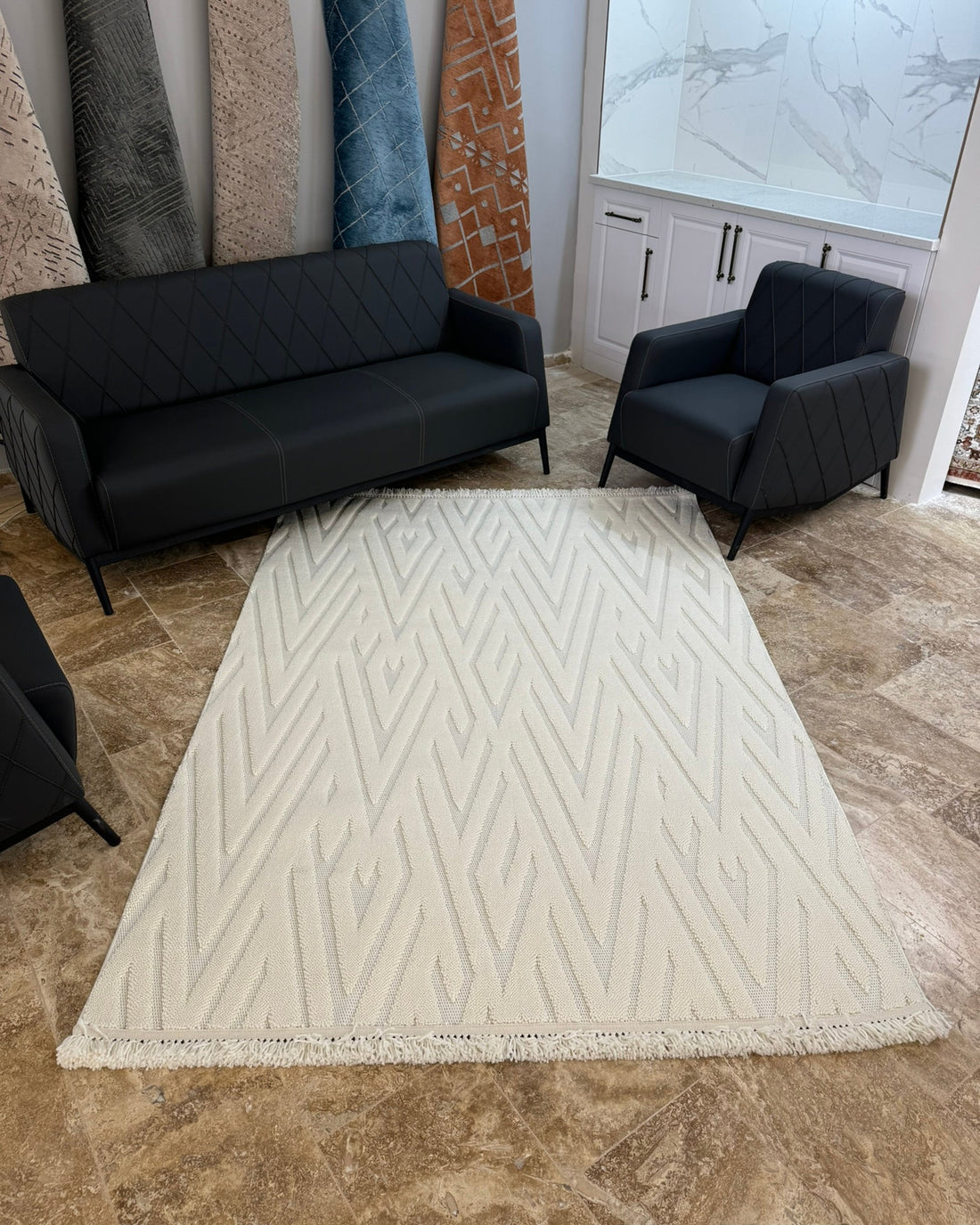 Buklem Zigzag Desenli Makine Halısı Krem