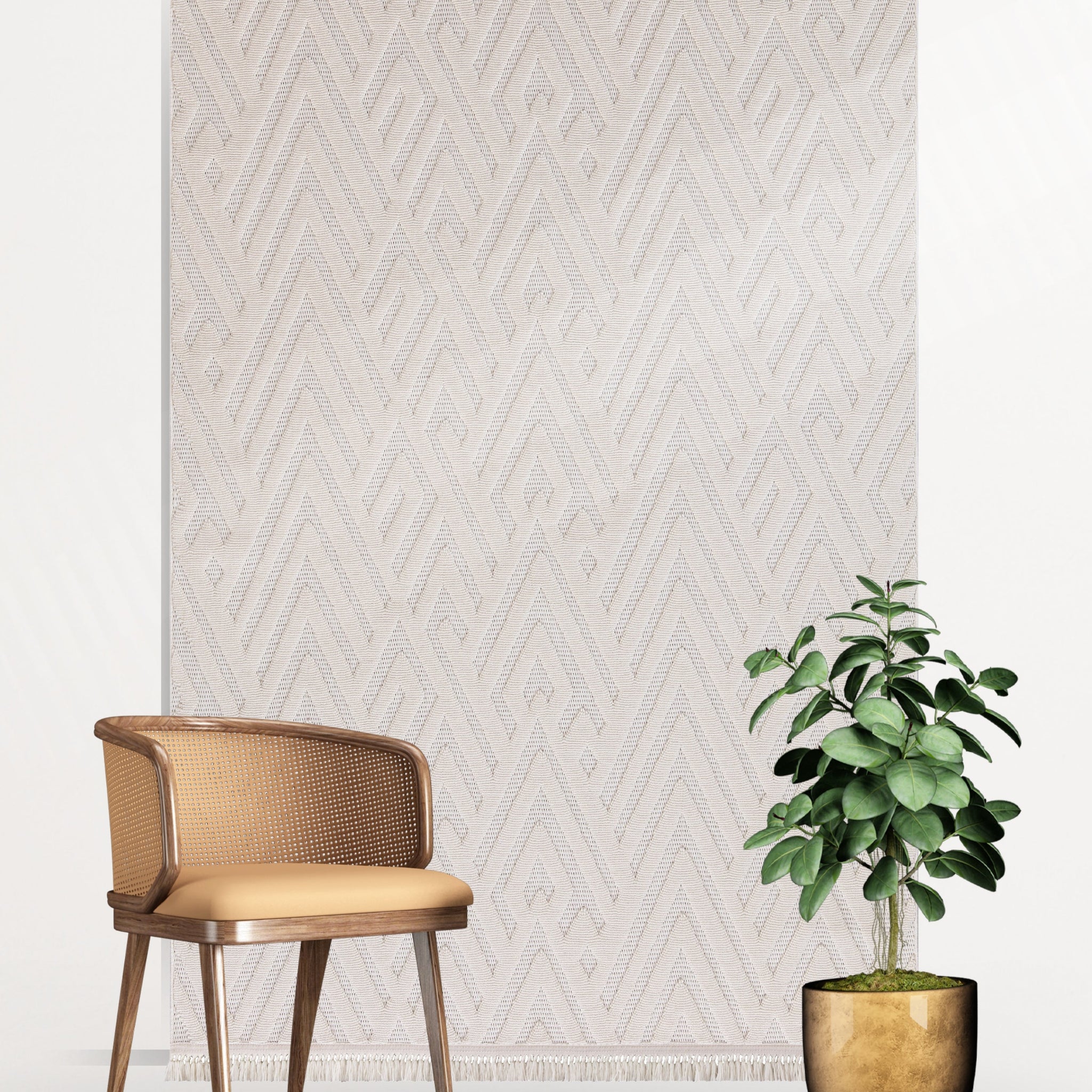 Buklem Zigzag Desenli Makine Halısı Krem