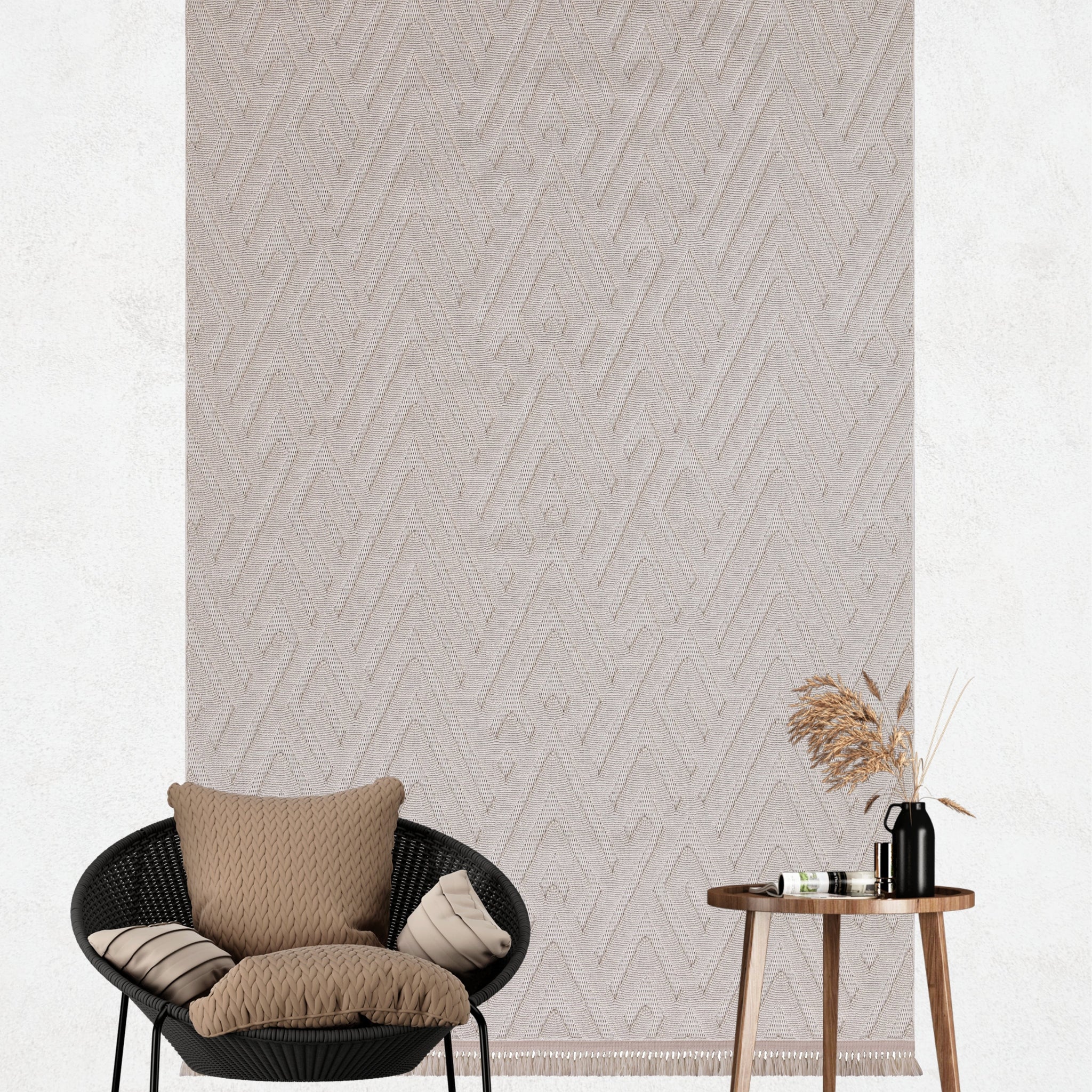 Buklem Zigzag Desenli Makine Halısı Bej
