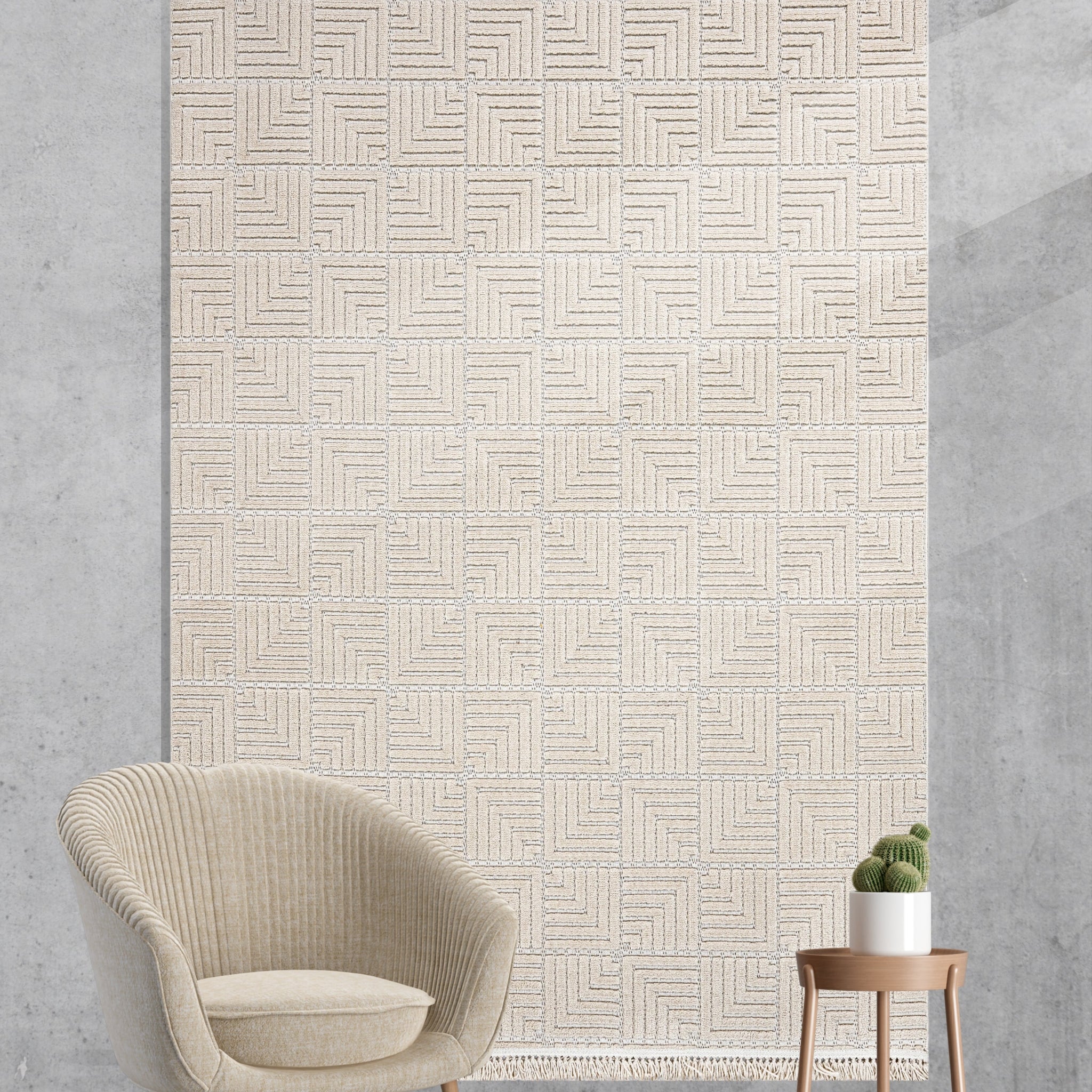 Trend Geometrik Desen Makine Halısı Bej