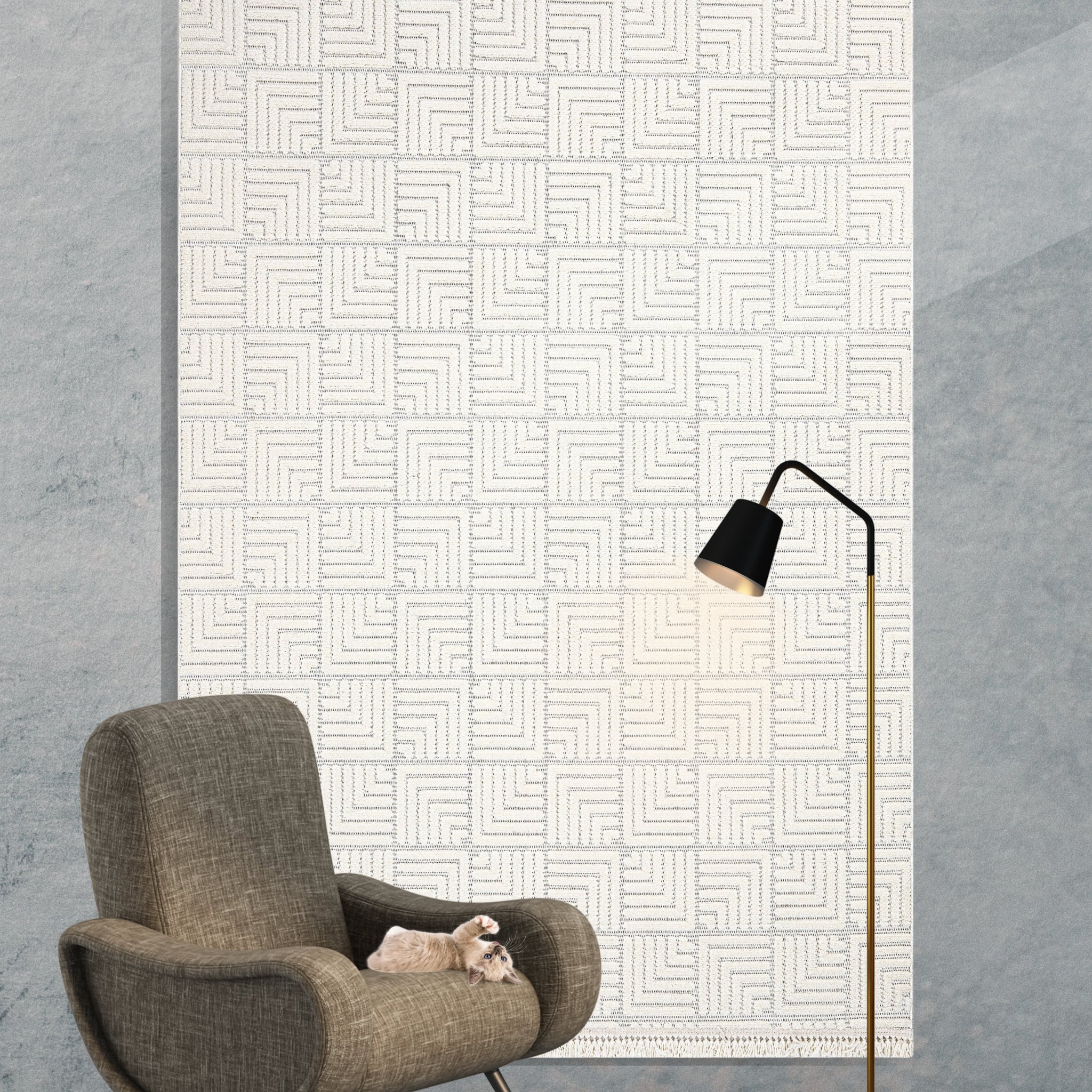 Trend Geometrik Desen Makine Halısı Krem