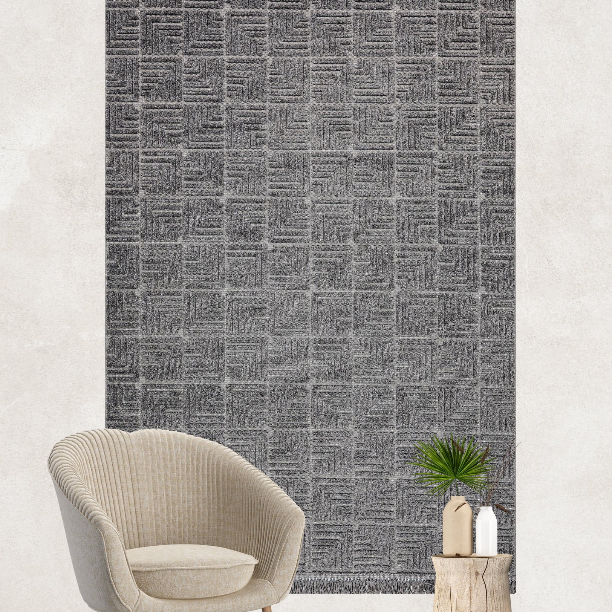 Trend Geometrik Desen Makine Halısı Antrasit
