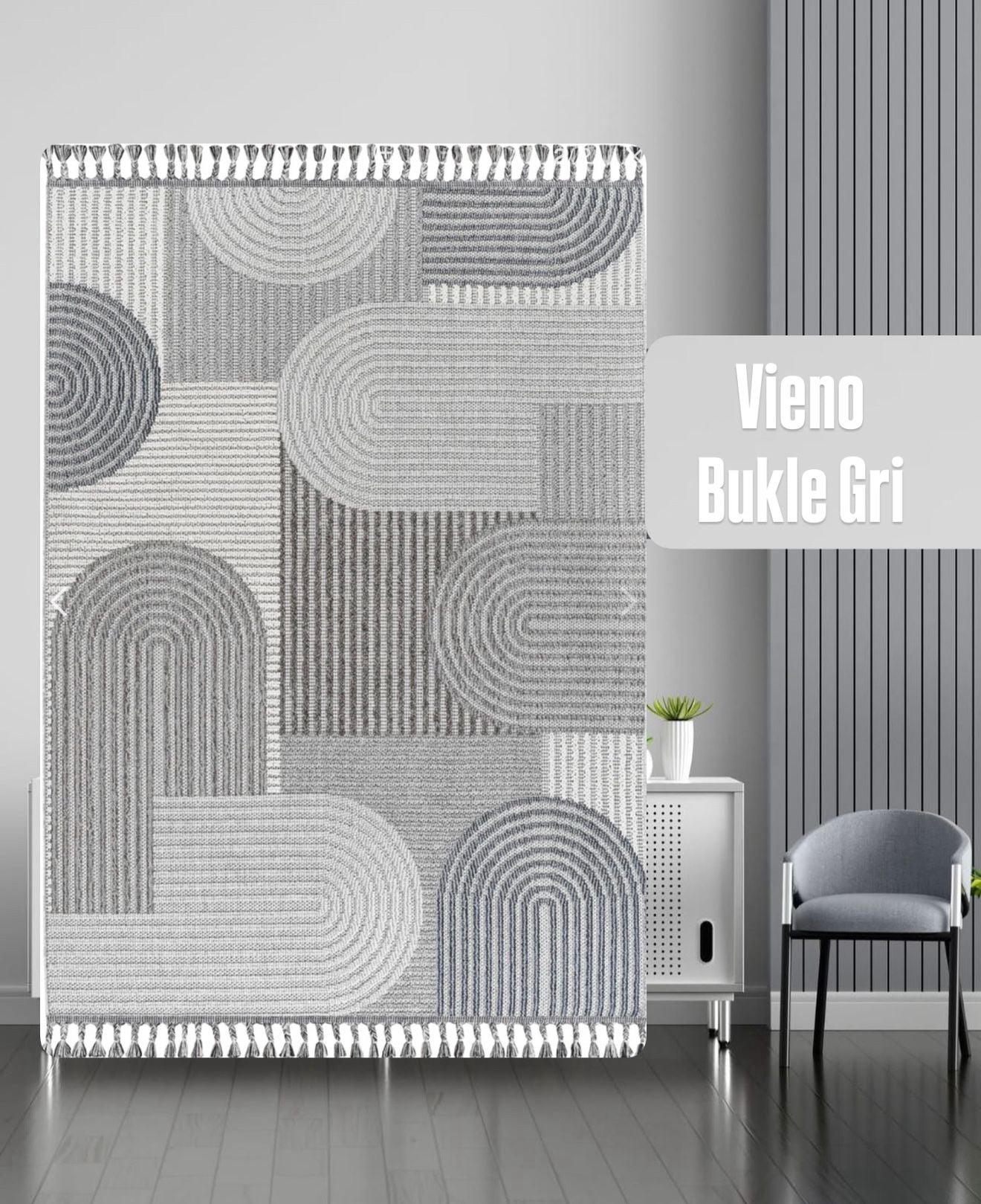 Dizayn Trend Desenli Bukle Makine Halısı Gri