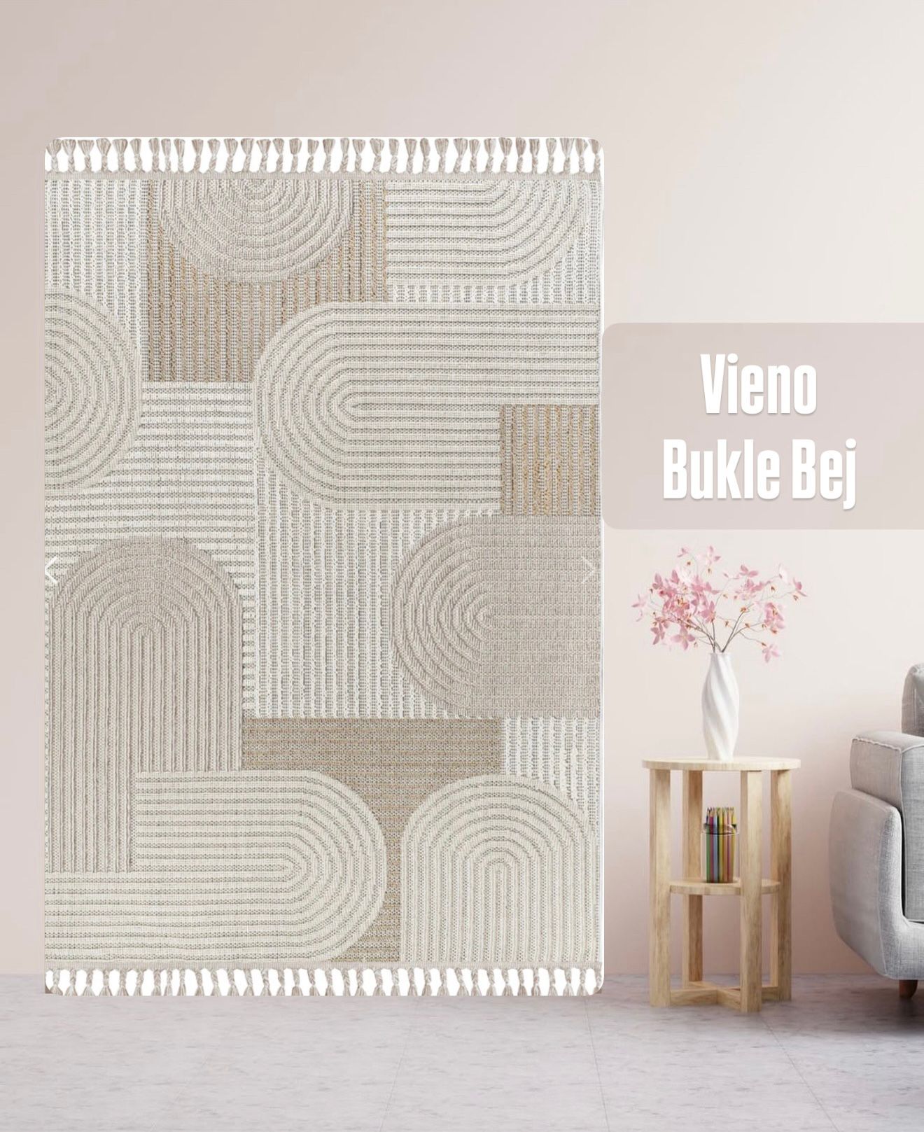 Dizayn Trend Desenli Bukle Makine Halısı Bej