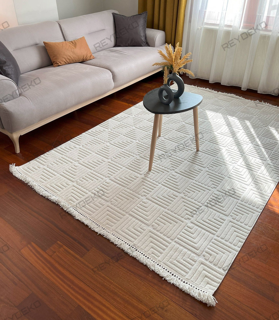 Trend Geometrik Desen Makine Halısı Krem