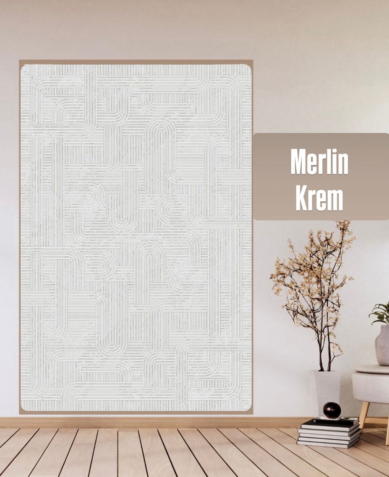 Merlin Defne Desen Yeni Sezon Makine Halısı Krem