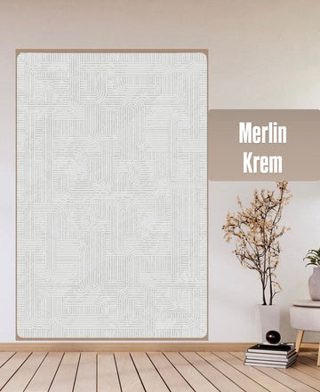 Merlin Defne Desen Yeni Sezon Makine Halısı Krem
